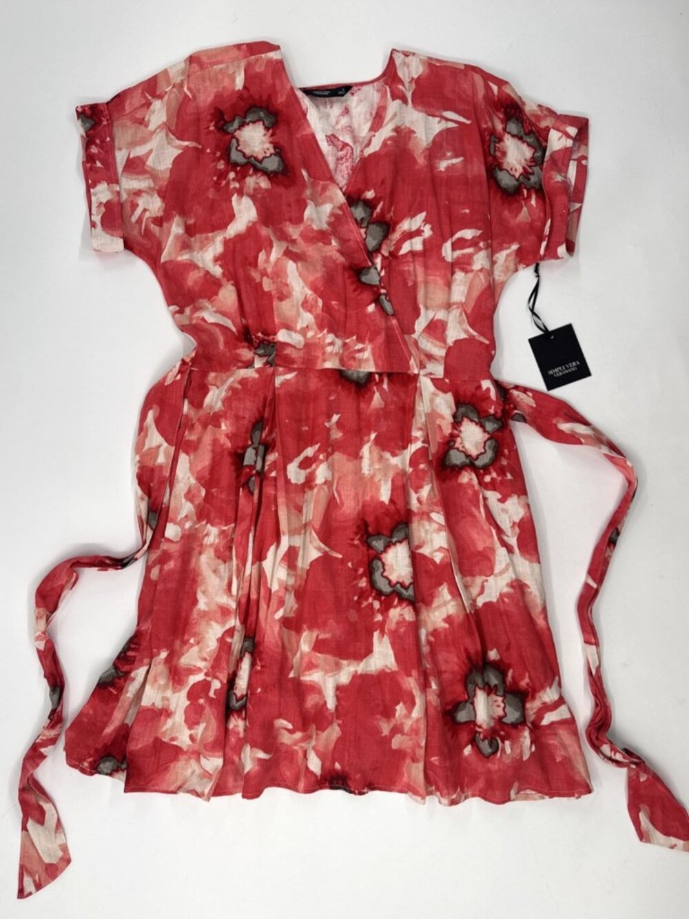 Simply Vera Wang Women’s Large Red Floral Dress Belted Midi Pleated Linen New - Picture 11 of 11
